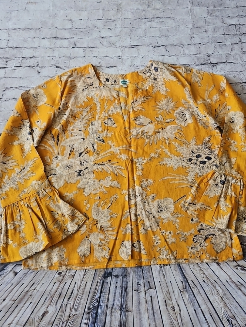 Dolma Yellow Floral Print Semi-sheer Blouse Top L
